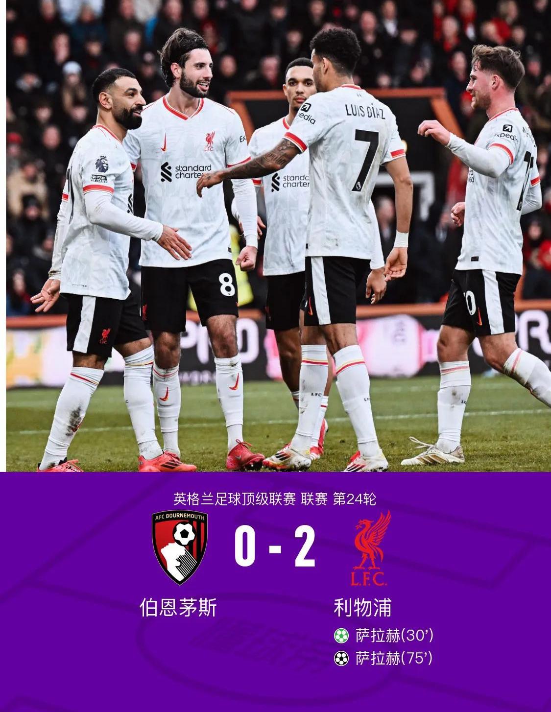 利物浦客场大胜伯恩茅斯，保持领先